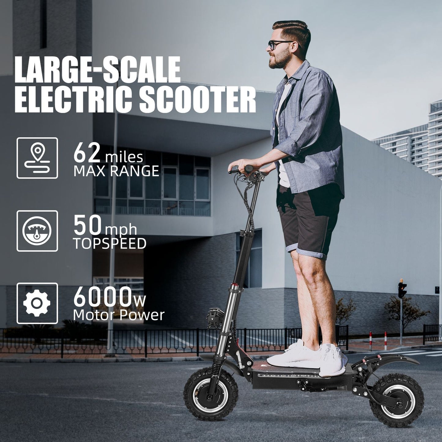 WHOSU 3000W Hyper Electric Scooter for Adults - 50 MPH Top Speed, 62 Mile Range, 11" Off - Road Tires, 4 - Way Brake System, High - Performance E - Scooter w/ Dual Suspension - GoTypical
