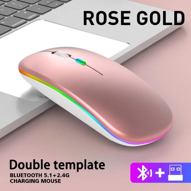 Wireless RGB Gaming Mouse Rose Gold - Bluetooth Rechargeable Silent LED Backlit - GoTypical