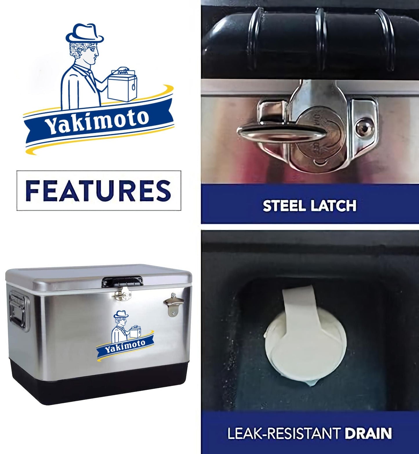 Yakimoto Ice Chest Beverage Beer Cooler Box With Bottle Opener, 51L/54Qt Stainless Steel Portable Insulated Ice Bucket, Sturdy And Leak - proof, For Camping, Beach, Picnic, RV, BBQ, Picnic, Fishing - GoTypical