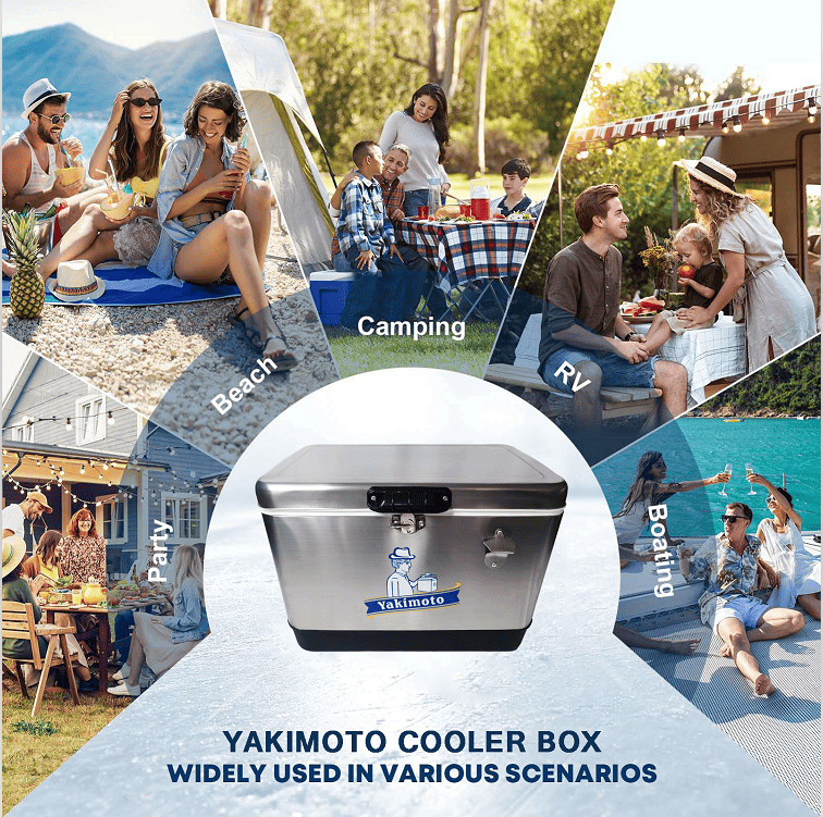 Yakimoto Ice Chest Beverage Beer Cooler Box With Bottle Opener, 51L/54Qt Stainless Steel Portable Insulated Ice Bucket, Sturdy And Leak - proof, For Camping, Beach, Picnic, RV, BBQ, Picnic, Fishing - GoTypical