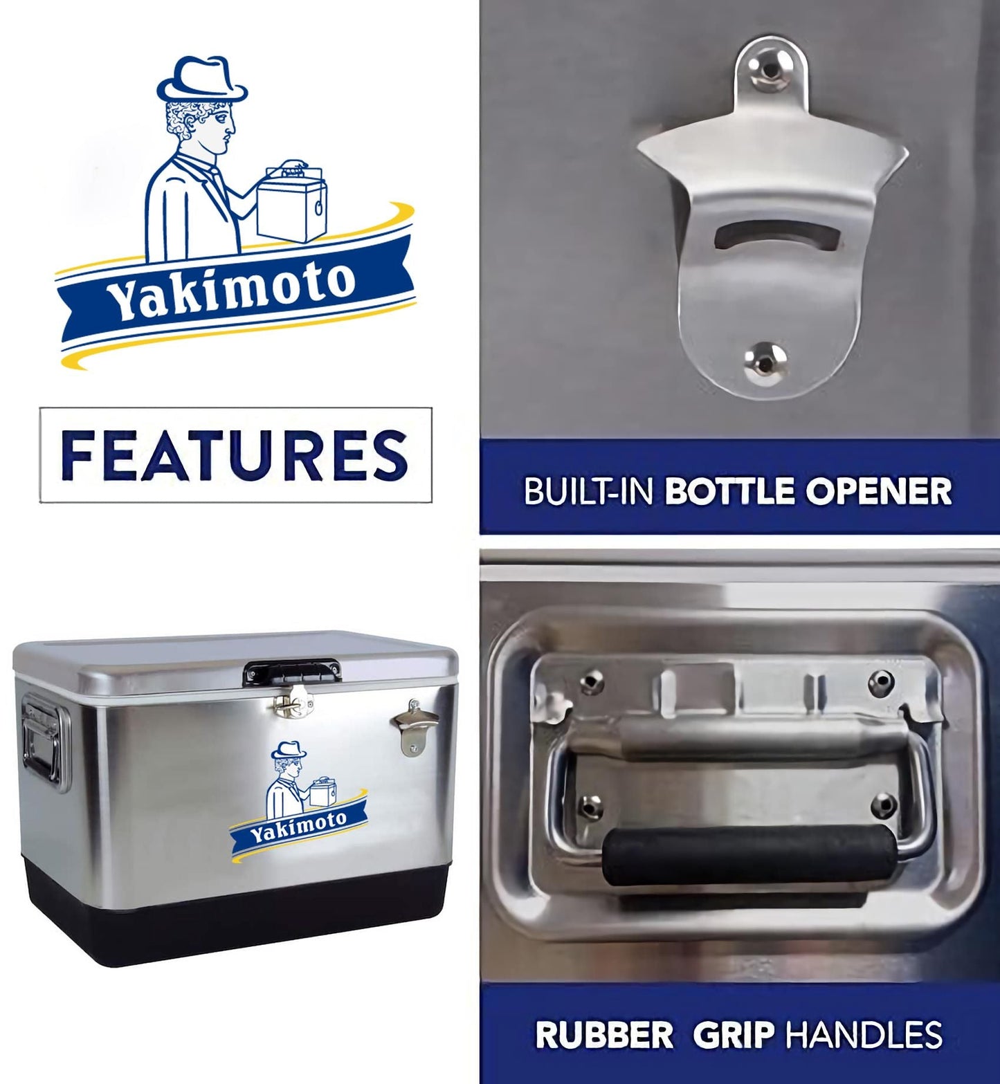 Yakimoto Ice Chest Beverage Beer Cooler Box With Bottle Opener, 51L/54Qt Stainless Steel Portable Insulated Ice Bucket, Sturdy And Leak - proof, For Camping, Beach, Picnic, RV, BBQ, Picnic, Fishing - GoTypical