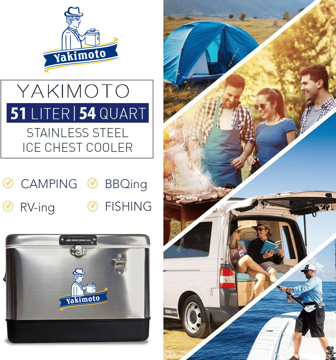 Yakimoto Ice Chest Beverage Beer Cooler Box With Bottle Opener, 51L/54Qt Stainless Steel Portable Insulated Ice Bucket, Sturdy And Leak - proof, For Camping, Beach, Picnic, RV, BBQ, Picnic, Fishing - GoTypical