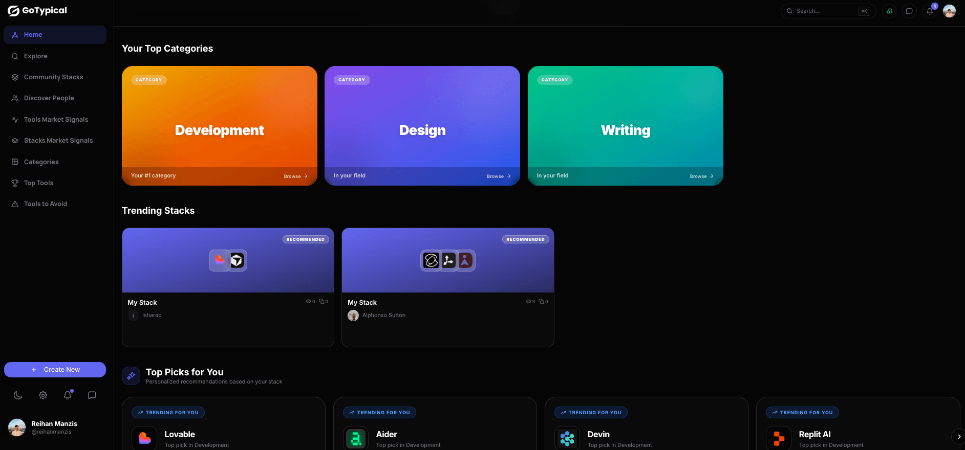 GoTypical personalized feed showing tool verdicts and trending picks