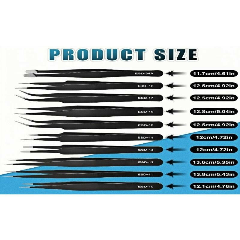 10-Pcs Precision Tweezers Set – Anti-Static Stainless Steel with Storage Box - GoTypical