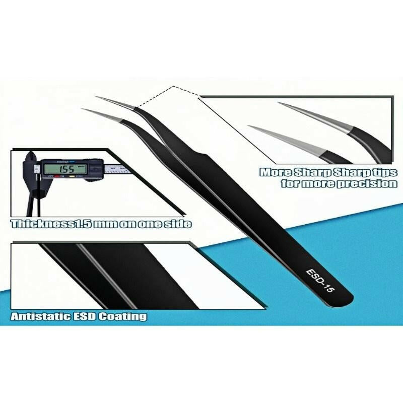 10-Pcs Precision Tweezers Set – Anti-Static Stainless Steel with Storage Box - GoTypical
