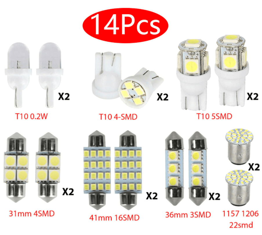 14Pcs T10 36mm LED Interior Car Lights Kit – Map Dome License Plate - GoTypical