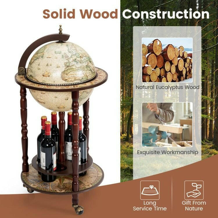 . Wooden Wine Rack – 17 Inch Italian Style Globe Design with Wheels - GoTypical