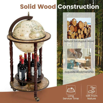 . Wooden Wine Rack – 17 Inch Italian Style Globe Design with Wheels - GoTypical