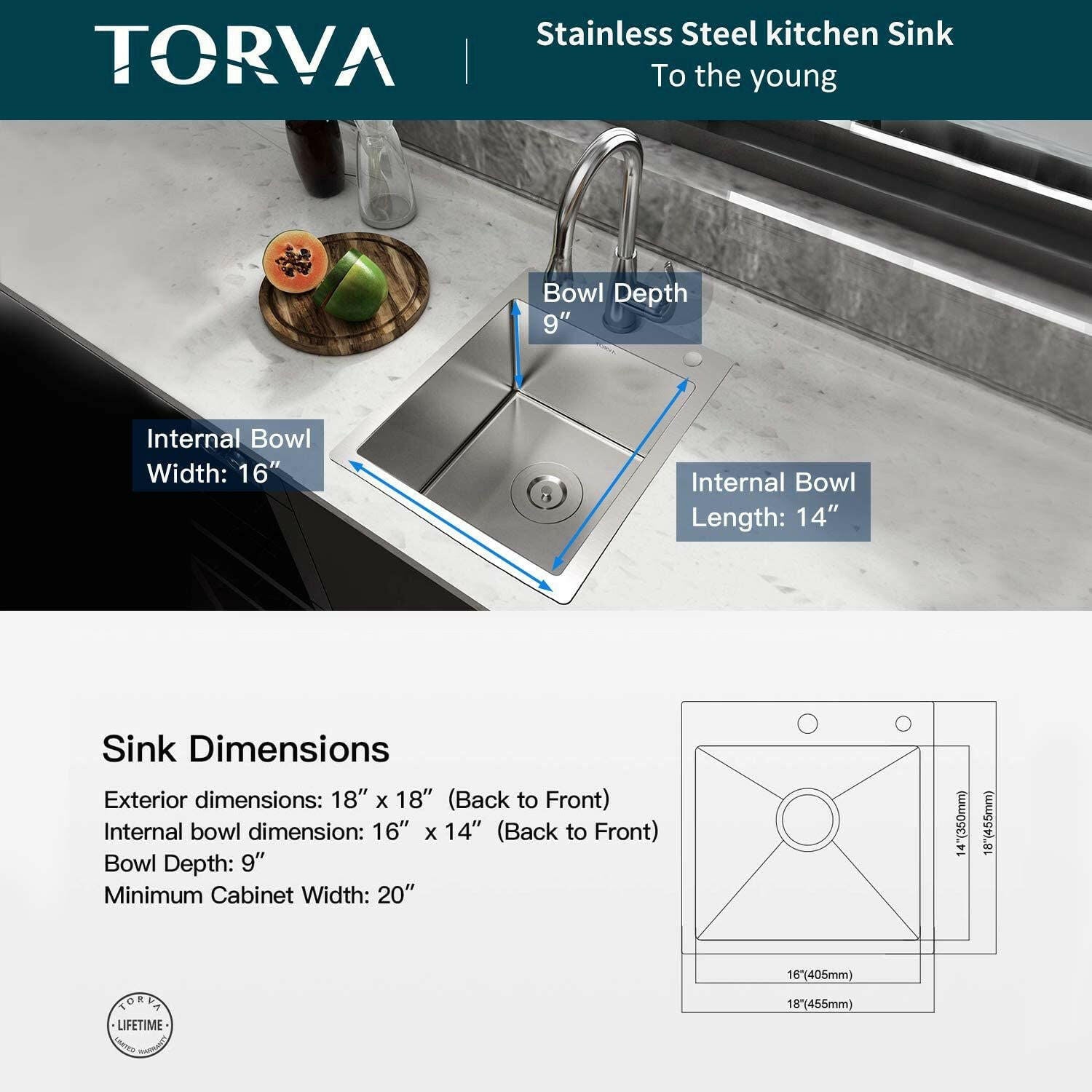 . 18-Inch Stainless Steel Kitchen Sink – Deep Single Bowl, Topmount - GoTypical