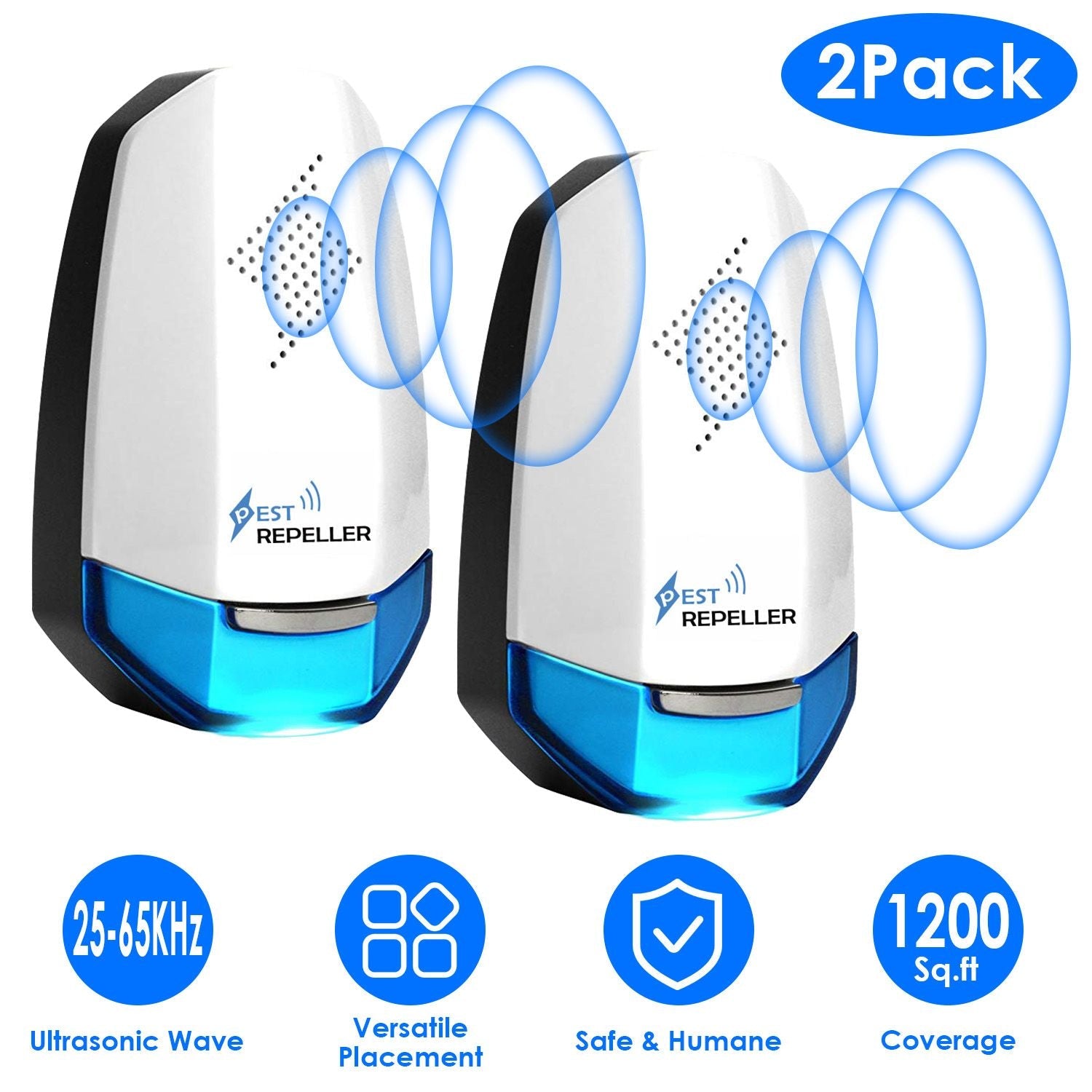 2 Pack Ultrasonic Pest Repeller with Night light Plug In Pest Mice Repellent Indoor Roach Bed Bug Mouse Rodent Mosquito Killer for Bedroom Garage Warehouse Office - GoTypical