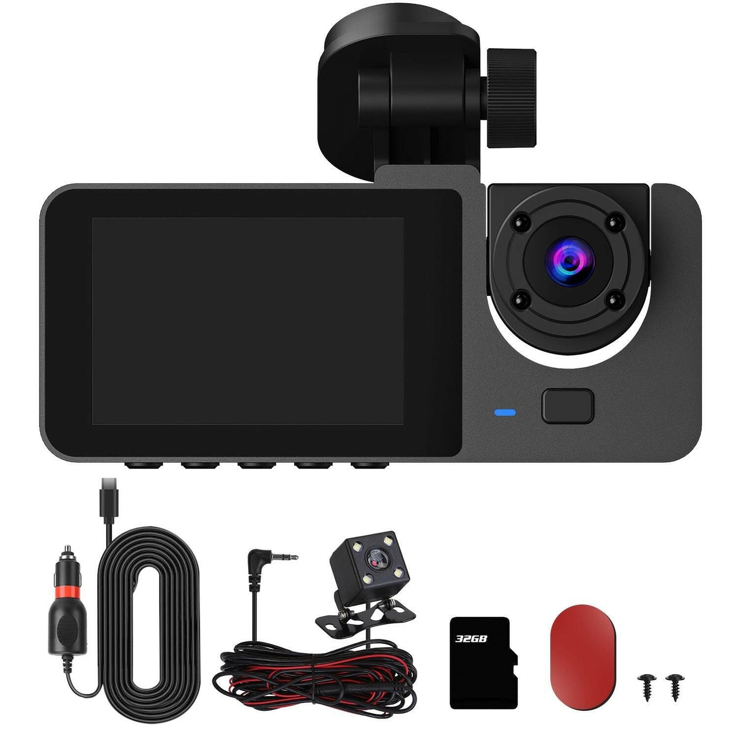 3 Channel Dash Cam – Front Inside Rear Camera with Night Vision 32GB Card Loop Recording - GoTypical