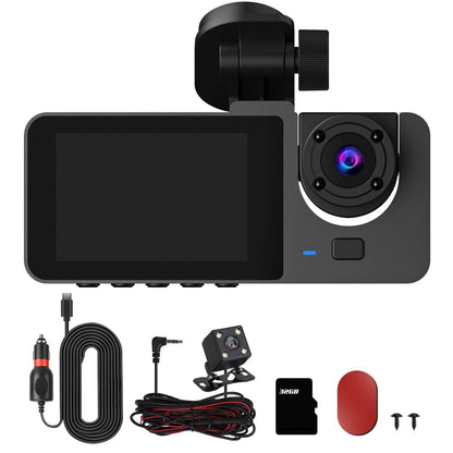 3 Channel Dash Cam – Front Inside Rear Camera with Night Vision 32GB Card Loop Recording - GoTypical
