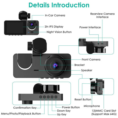 3 Channel Dash Cam – Front Inside Rear Camera with Night Vision 32GB Card Loop Recording - GoTypical