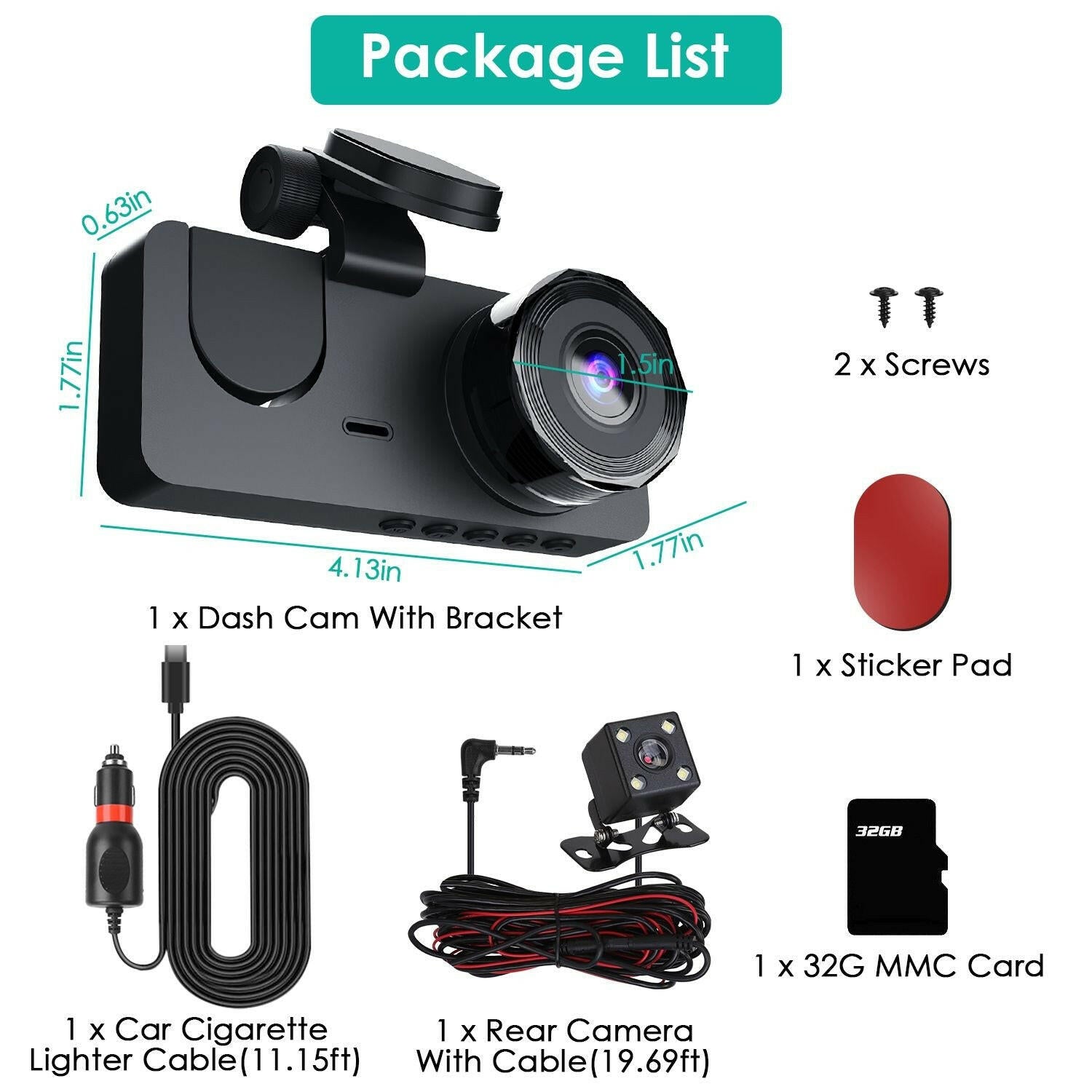 3 Channel Dash Cam – Front Inside Rear Camera with Night Vision 32GB Card Loop Recording - GoTypical