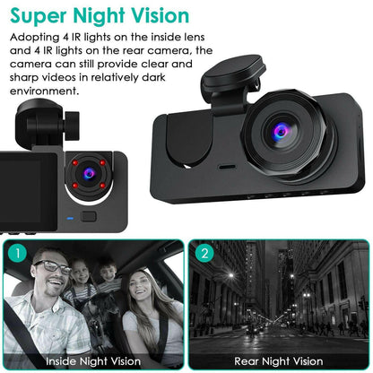 3 Channel Dash Cam – Front Inside Rear Camera with Night Vision 32GB Card Loop Recording - GoTypical
