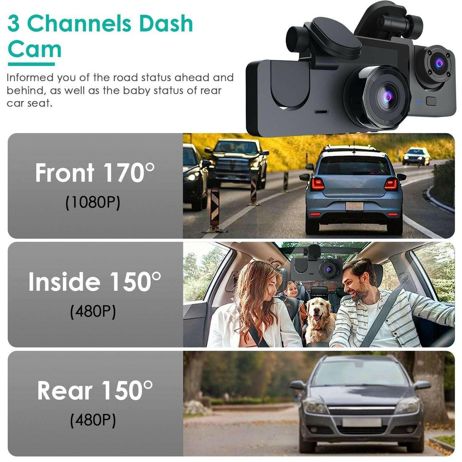 3 Channel Dash Cam – Front Inside Rear Camera with Night Vision 32GB Card Loop Recording - GoTypical