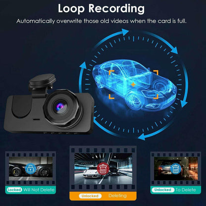 3 Channel Dash Cam – Front Inside Rear Camera with Night Vision 32GB Card Loop Recording - GoTypical