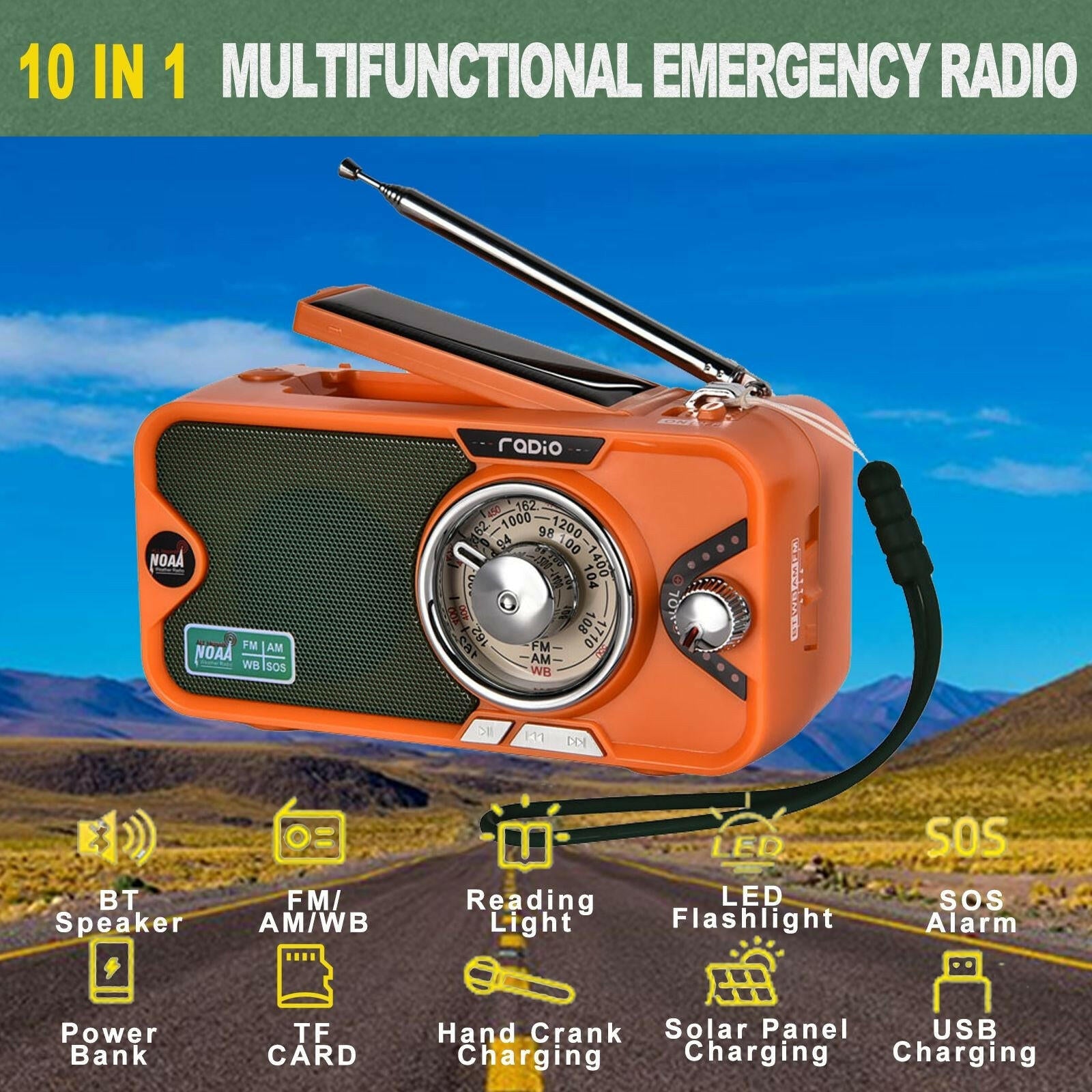 Emergency Crank NOAA Weather Radio – 3600mAh Battery Solar USB Charging Bluetooth - GoTypical