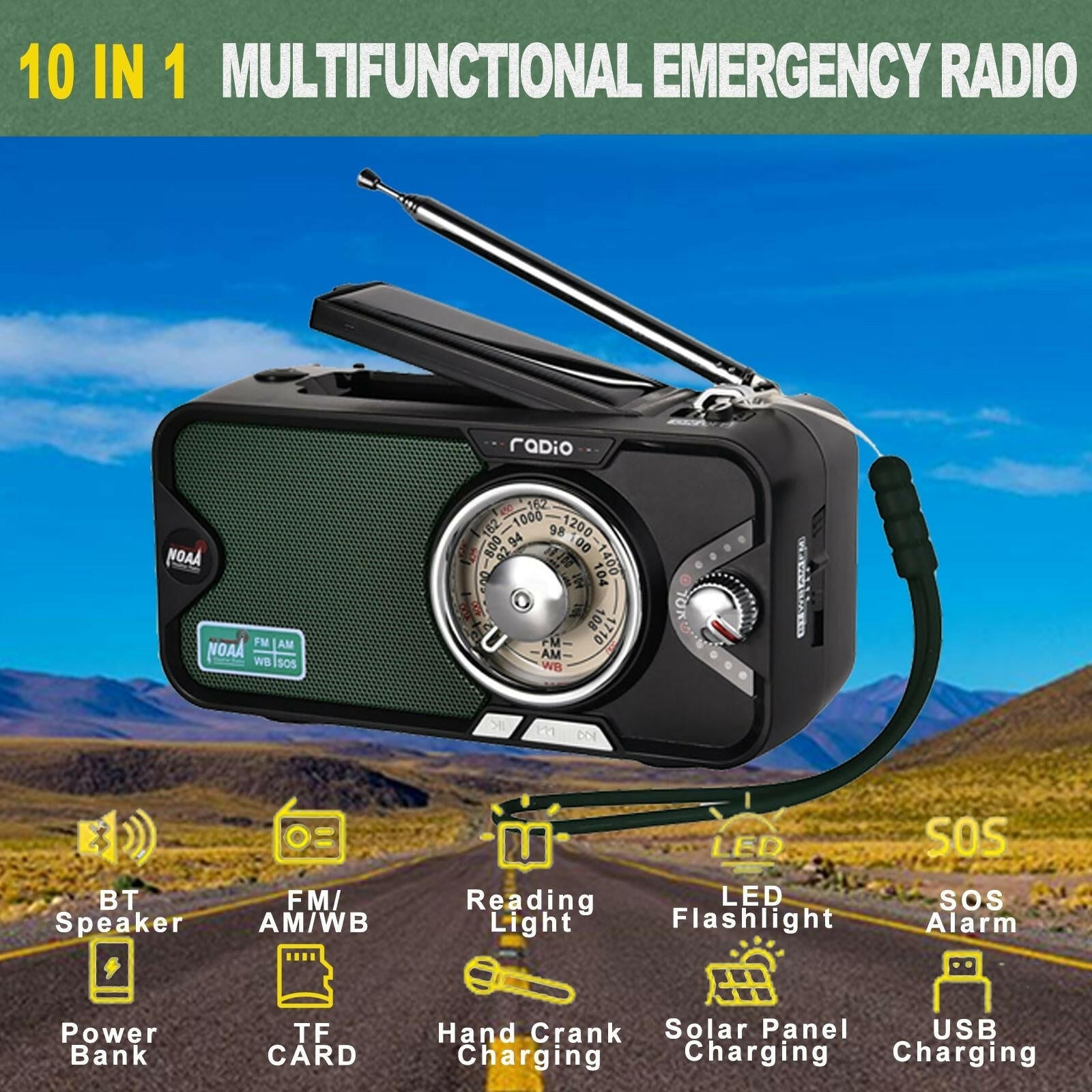 Emergency Crank NOAA Weather Radio – 3600mAh Battery Solar USB Charging Bluetooth - GoTypical