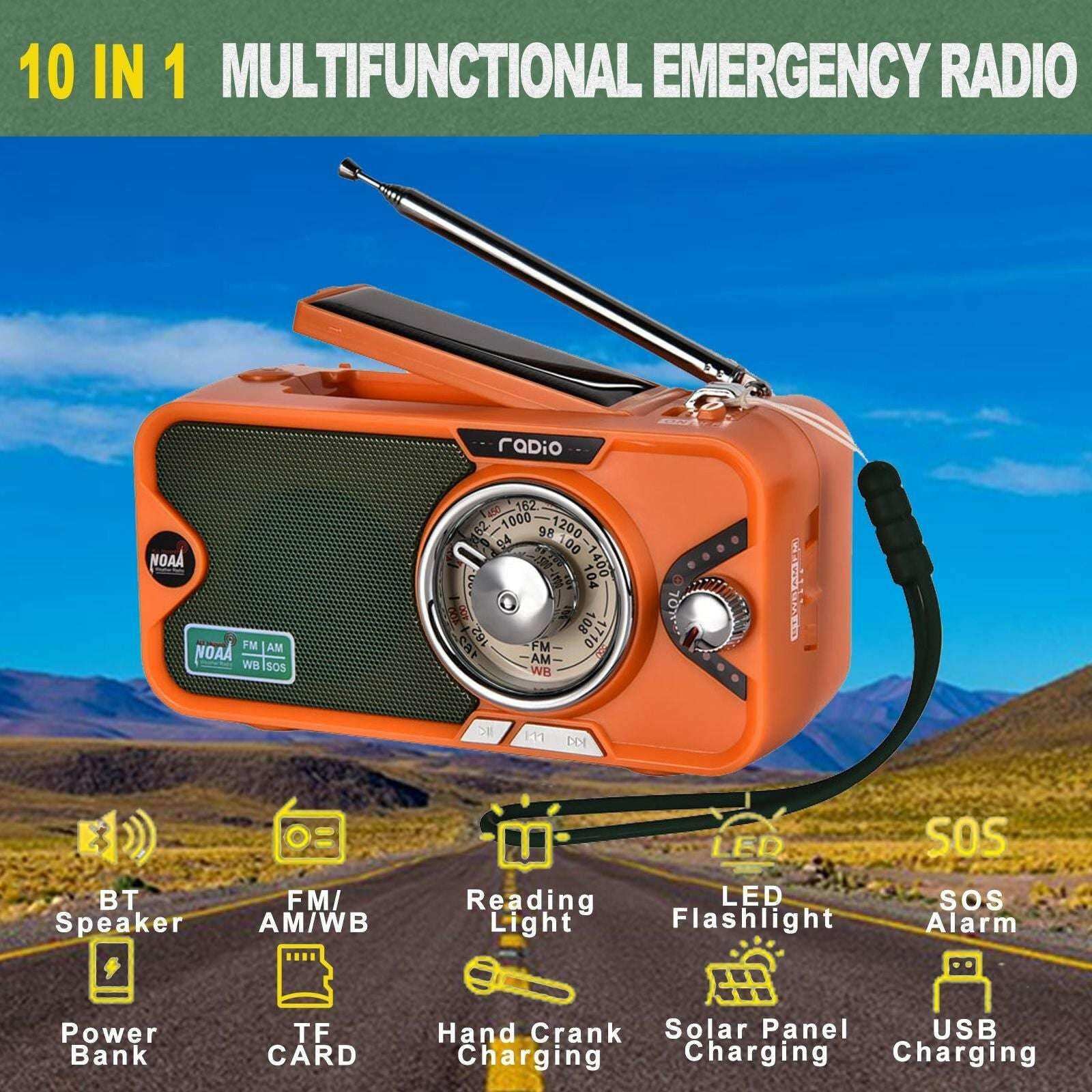 Emergency Crank NOAA Weather Radio – 3600mAh Battery Solar USB Charging Bluetooth - GoTypical