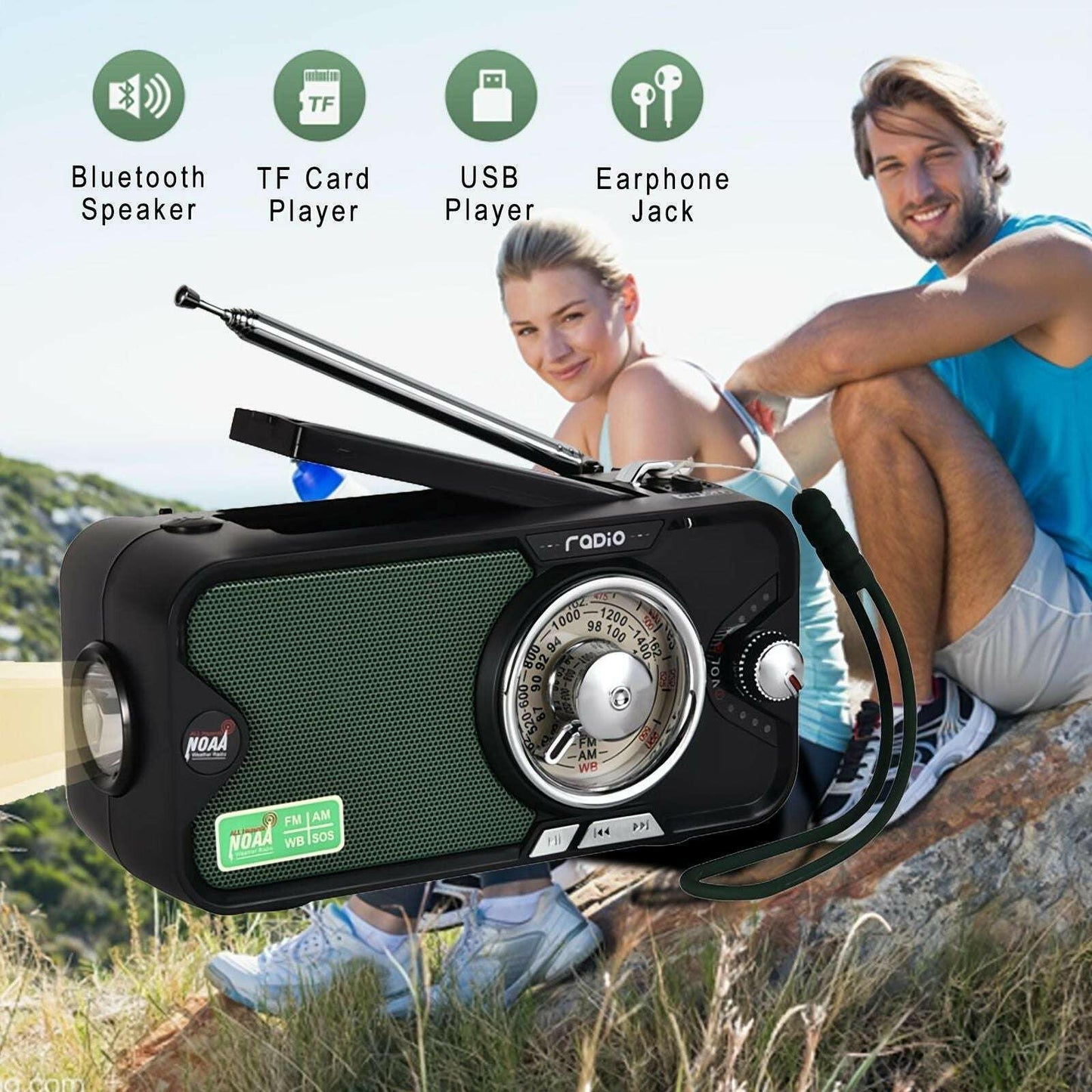 Emergency Crank NOAA Weather Radio – 3600mAh Battery Solar USB Charging Bluetooth - GoTypical