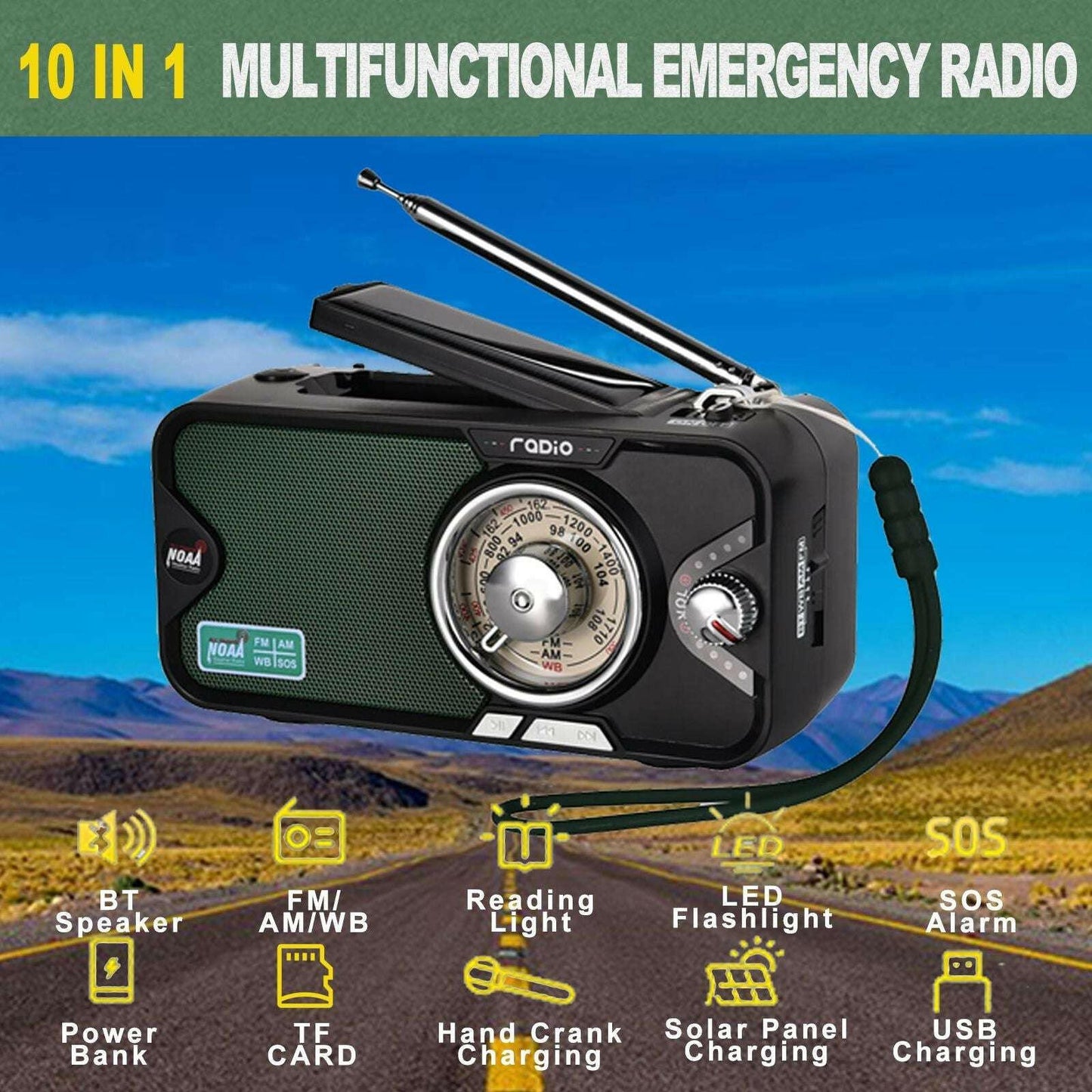 Emergency Crank NOAA Weather Radio – 3600mAh Battery Solar USB Charging Bluetooth - GoTypical