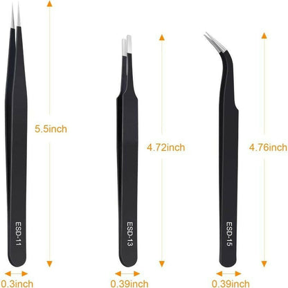 3PCS Anti-Static Precision Tweezers Set – Stainless Steel ESD-Safe - GoTypical