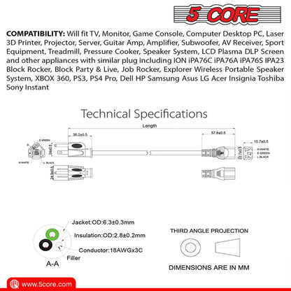 5 Core 12ft 3-Prong Non-Polarized Power Cord – Black, 18 AWG - GoTypical