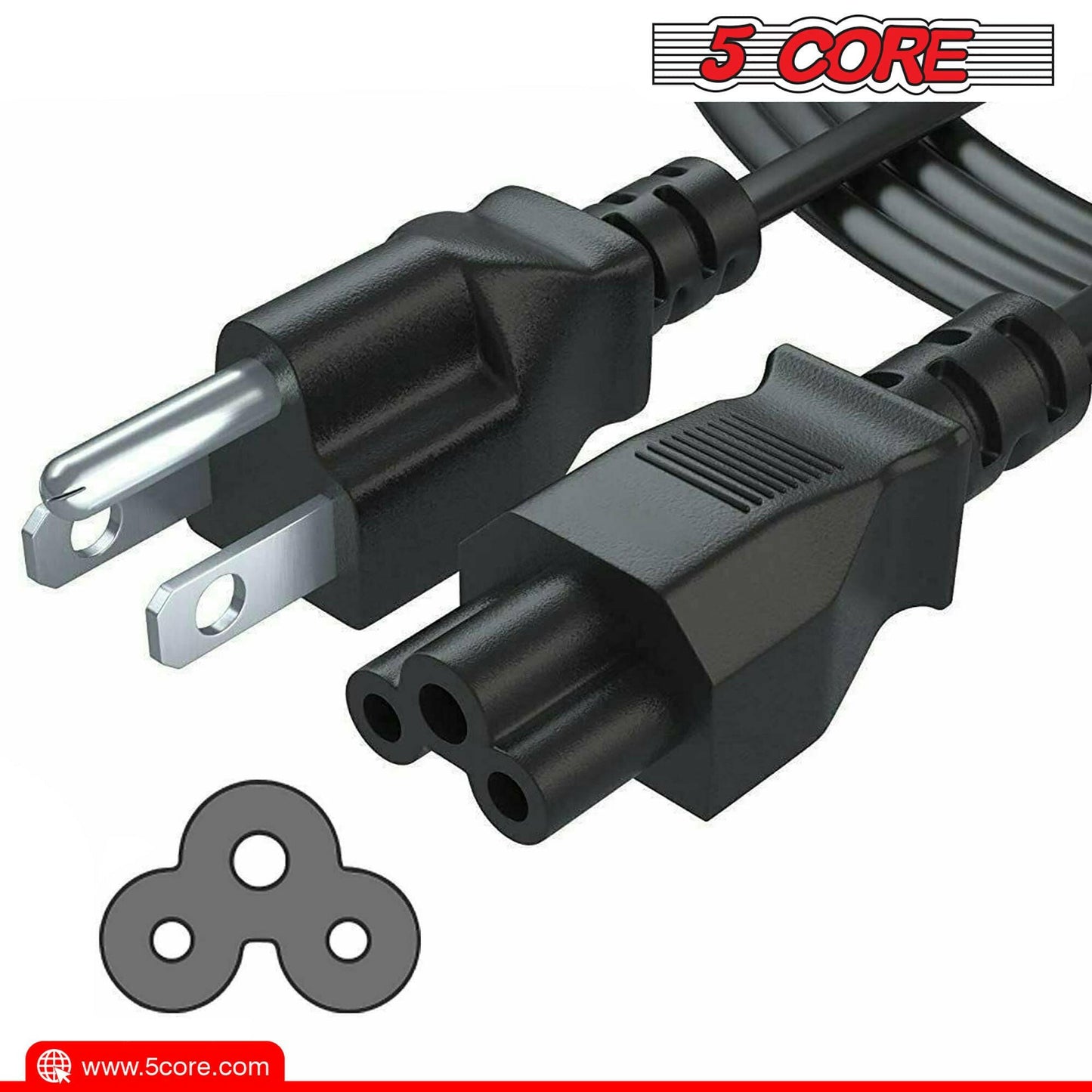 5 Core 12ft 3-Prong Non-Polarized Power Cord – Black, 18 AWG - GoTypical