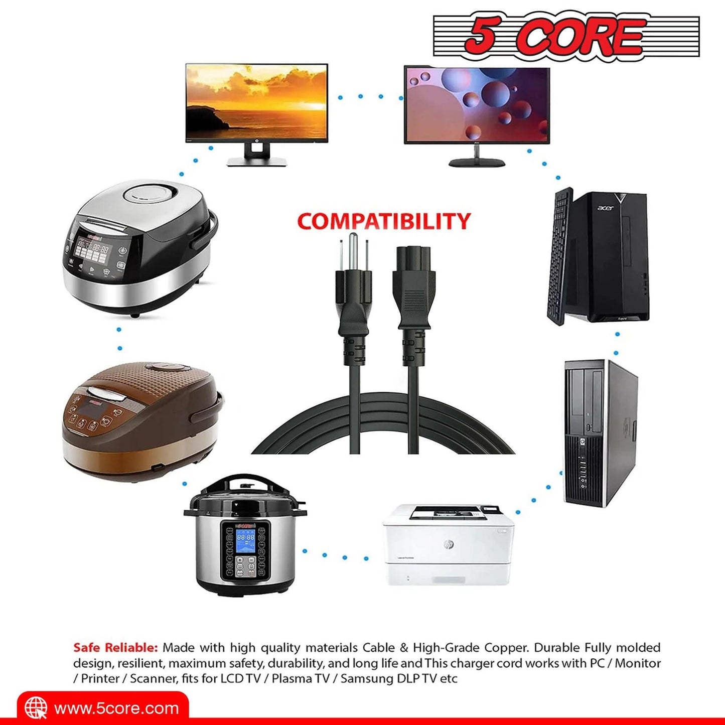 5 Core 12ft 3-Prong Non-Polarized Power Cord – Black, 18 AWG - GoTypical