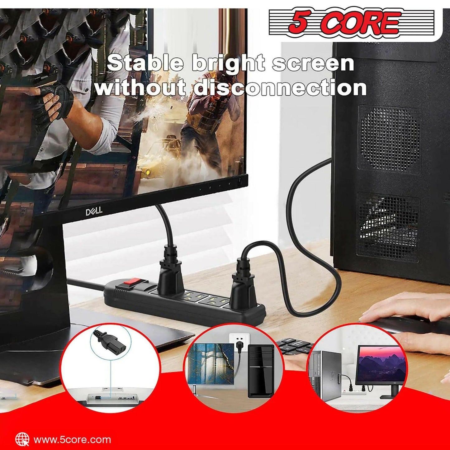 5 Core 12ft 3-Prong Non-Polarized Power Cord – Black, 18 AWG - GoTypical