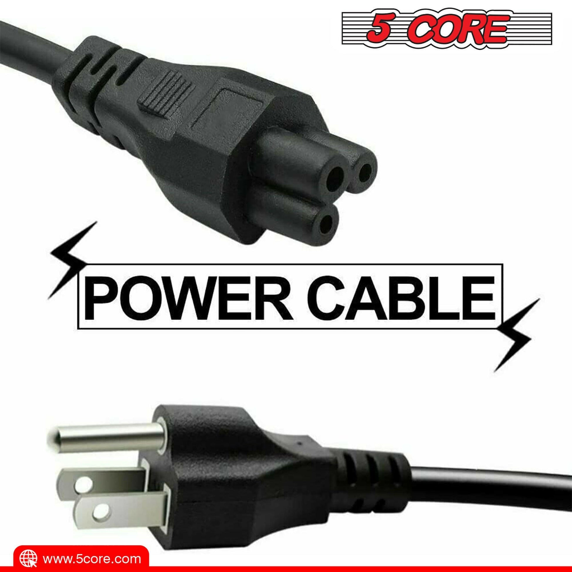 5 Core 12ft 3-Prong Non-Polarized Power Cord – Black, 18 AWG - GoTypical