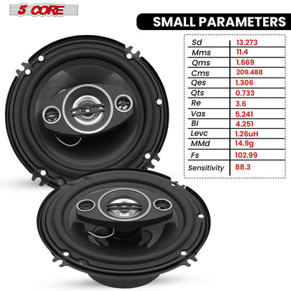 5 Core 2 Way 6' Car Stereo Speakers Pair 500W Coaxial Subwoofer w Tweeter | Universal Fit Deep Bass Replacement Component Speaker for Vehicle Door Side Panel Mount - CS 06 2W - GoTypical