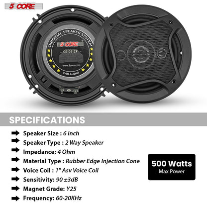 5 Core 2 Way 6' Car Stereo Speakers Pair 500W Coaxial Subwoofer w Tweeter | Universal Fit Deep Bass Replacement Component Speaker for Vehicle Door Side Panel Mount - CS 06 2W - GoTypical