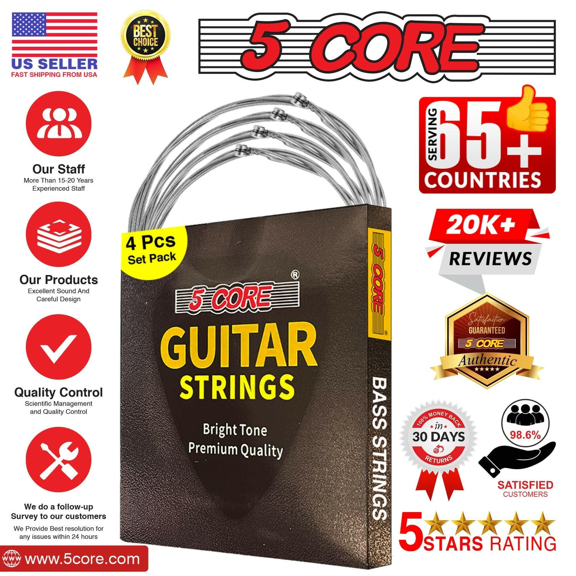 5 Core Bass Guitar Strings – Extra Light Gauge Brass Phosphor Bronze - GoTypical