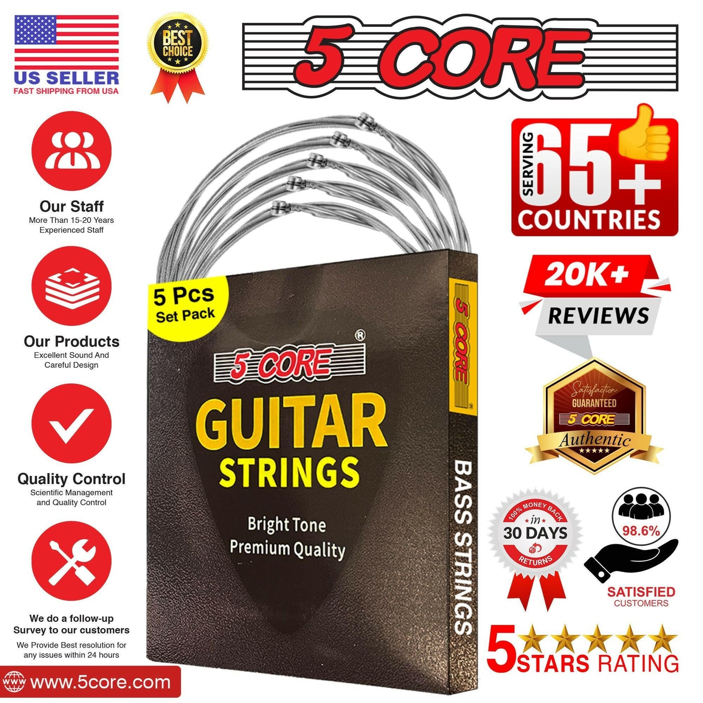 5 Core Bass Guitar Strings – Extra Light Gauge Brass Phosphor Bronze - GoTypical