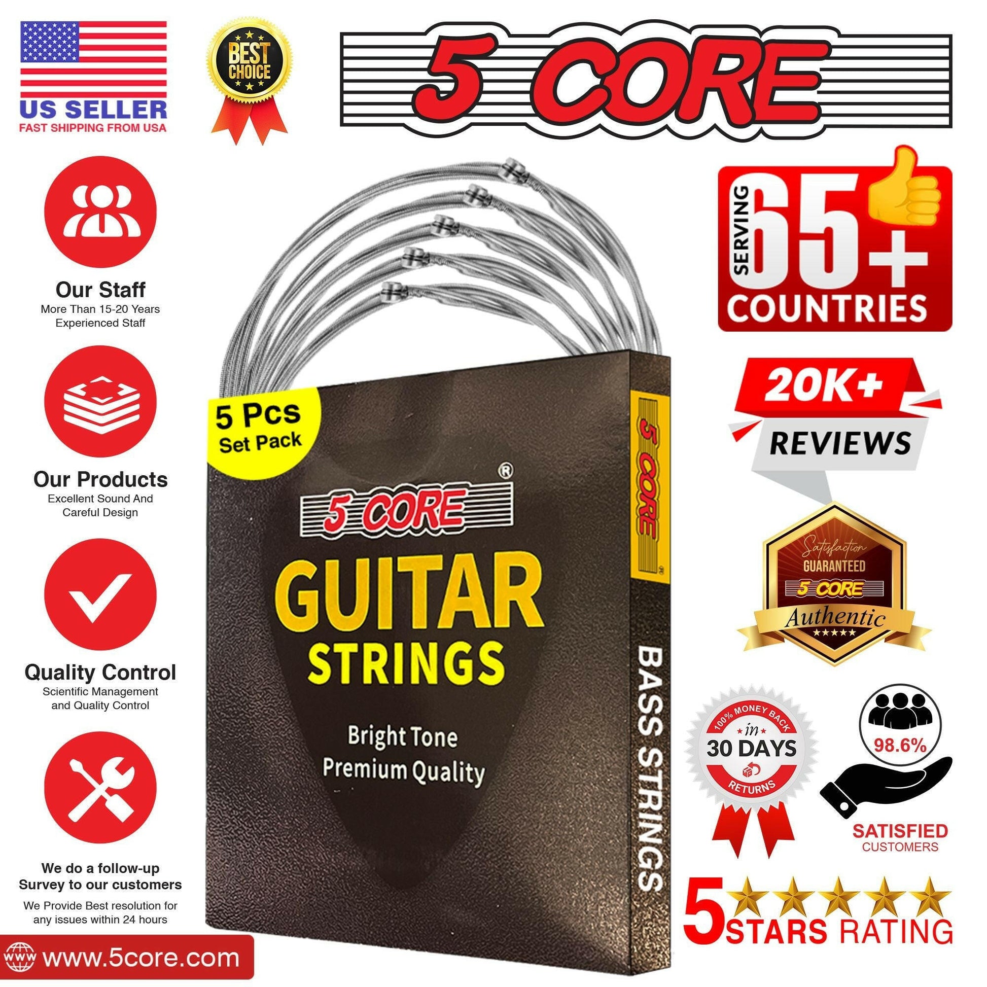 5 Core Bass Guitar Strings – Extra Light Gauge Brass Phosphor Bronze - GoTypical