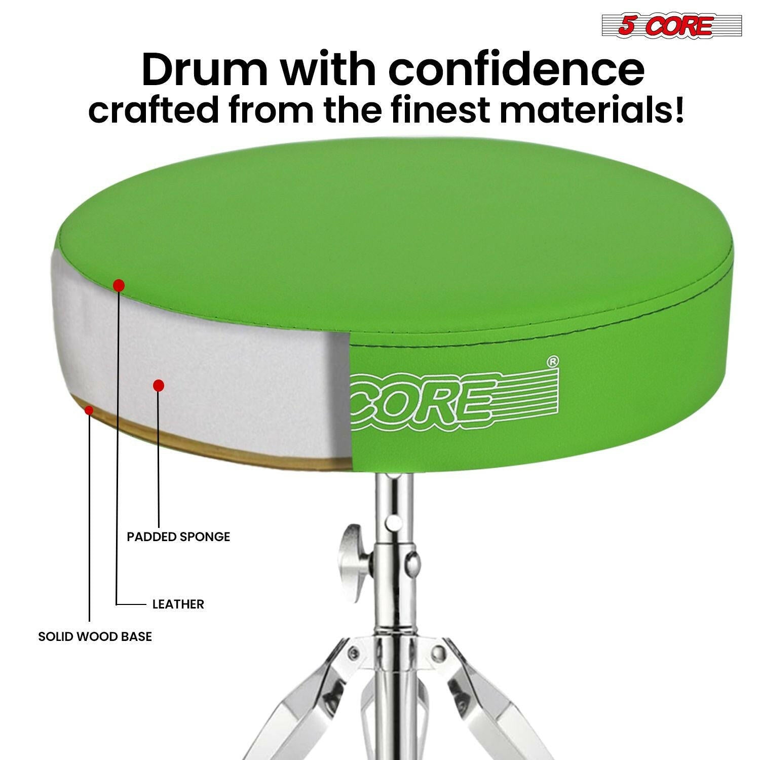 5 Core Drum Throne – Padded Green Adjustable Music Chair with Anti-Slip Feet - GoTypical