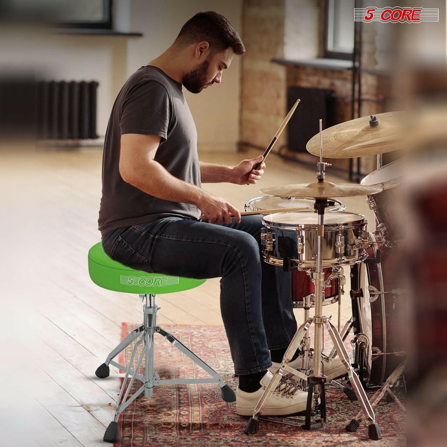 5 Core Drum Throne – Padded Green Adjustable Music Chair with Anti-Slip Feet - GoTypical
