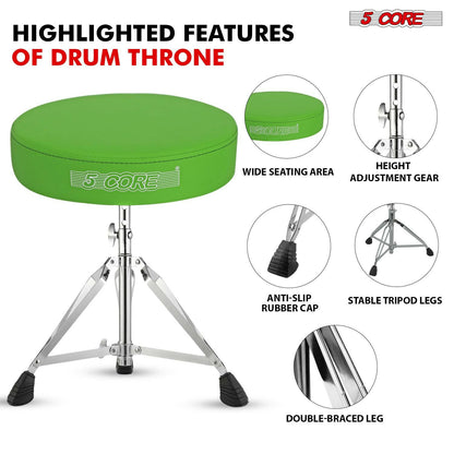 5 Core Drum Throne – Padded Green Adjustable Music Chair with Anti-Slip Feet - GoTypical