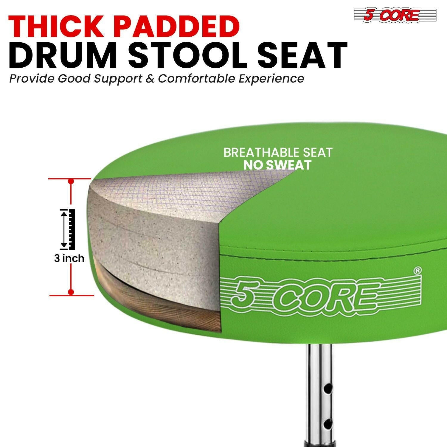 5 Core Drum Throne – Padded Green Adjustable Music Chair with Anti-Slip Feet - GoTypical