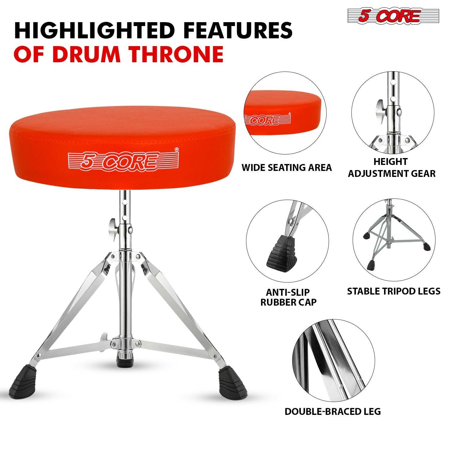 5 Core Drum Throne – Padded Adjustable Music Chair with Orange Seat - GoTypical