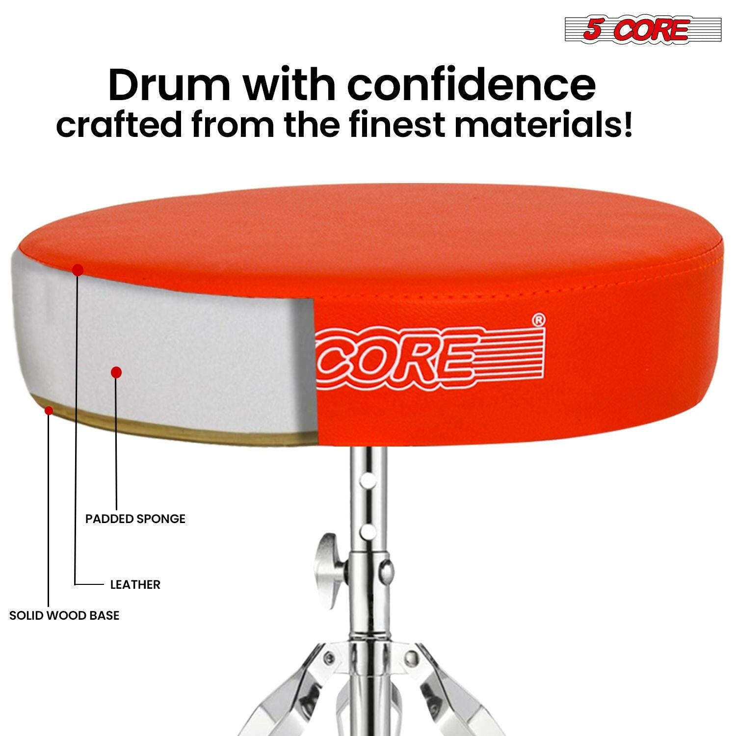 5 Core Drum Throne – Padded Adjustable Music Chair with Orange Seat - GoTypical