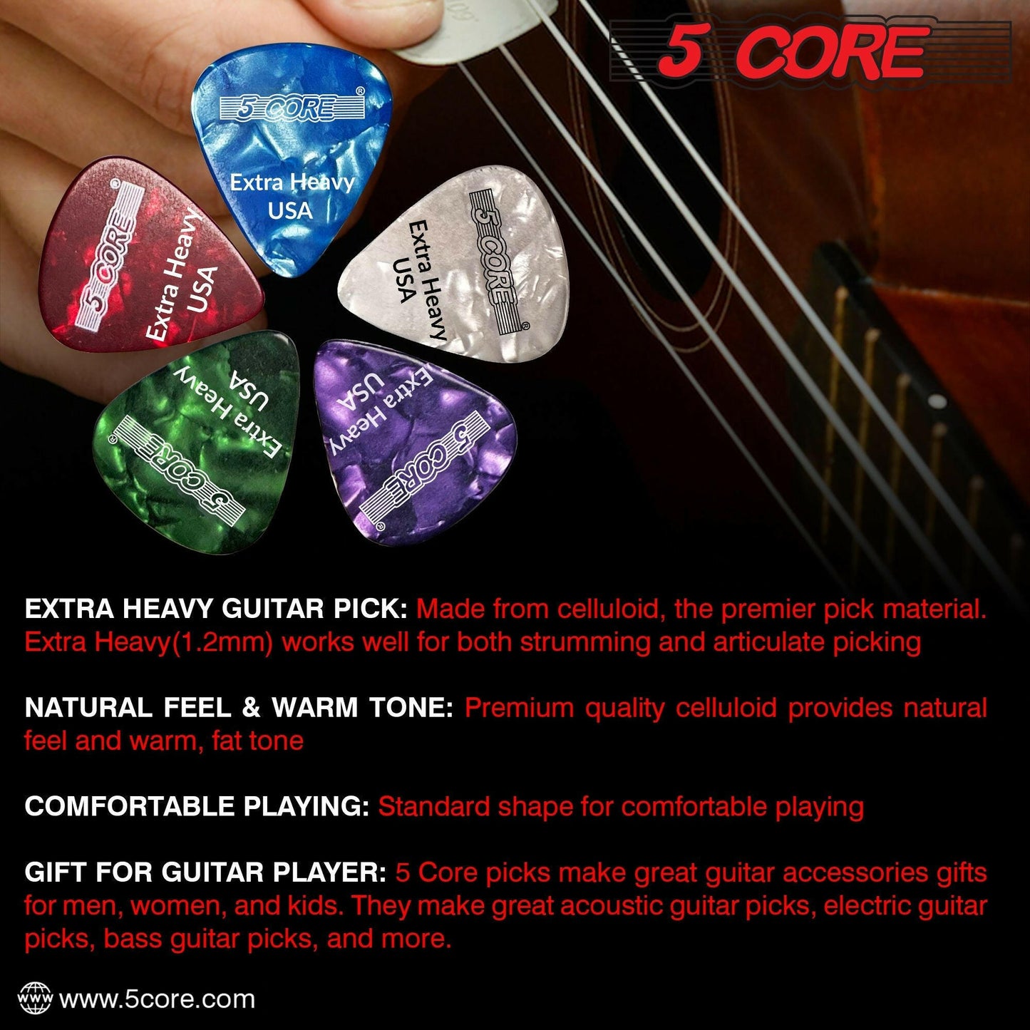 5 Core Extra Heavy Gauge Celluloid Guitar Picks 1.2mm Green - 12 Pack - GoTypical