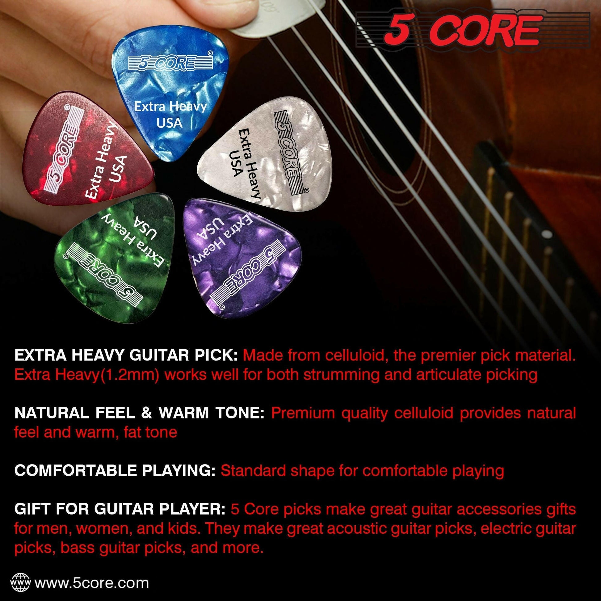 5 Core Extra Heavy Gauge Celluloid Guitar Picks 1.2mm Green - 12 Pack - GoTypical