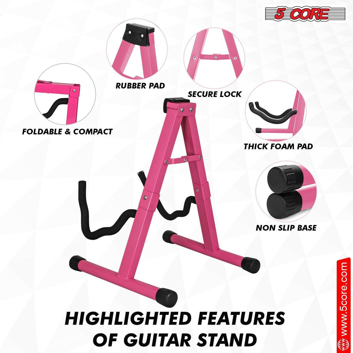 5 Core Guitar Stand – Pink A-Frame Foldable Metal Holder with EVA Foam - GoTypical