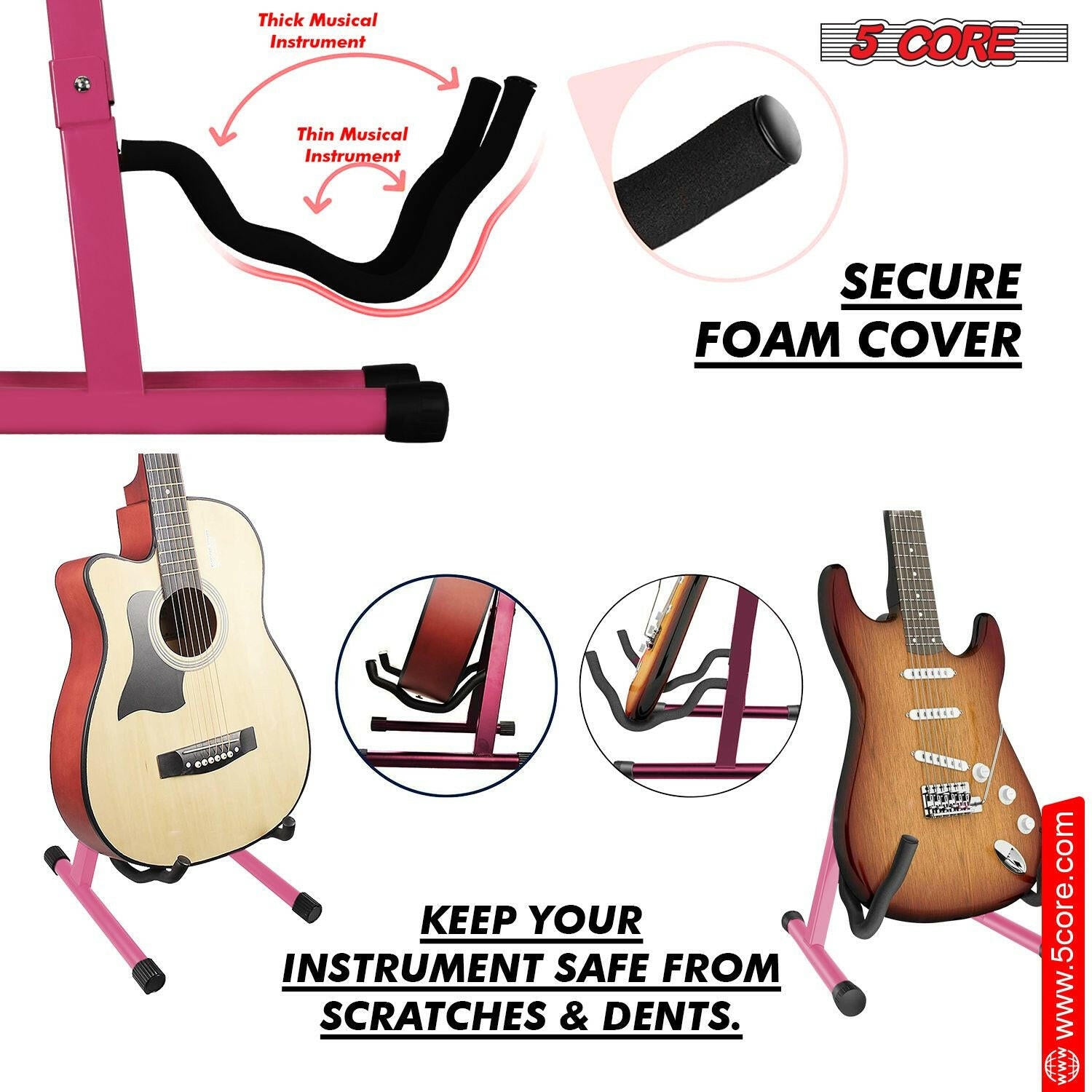 5 Core Guitar Stand – Pink A-Frame Foldable Metal Holder with EVA Foam - GoTypical