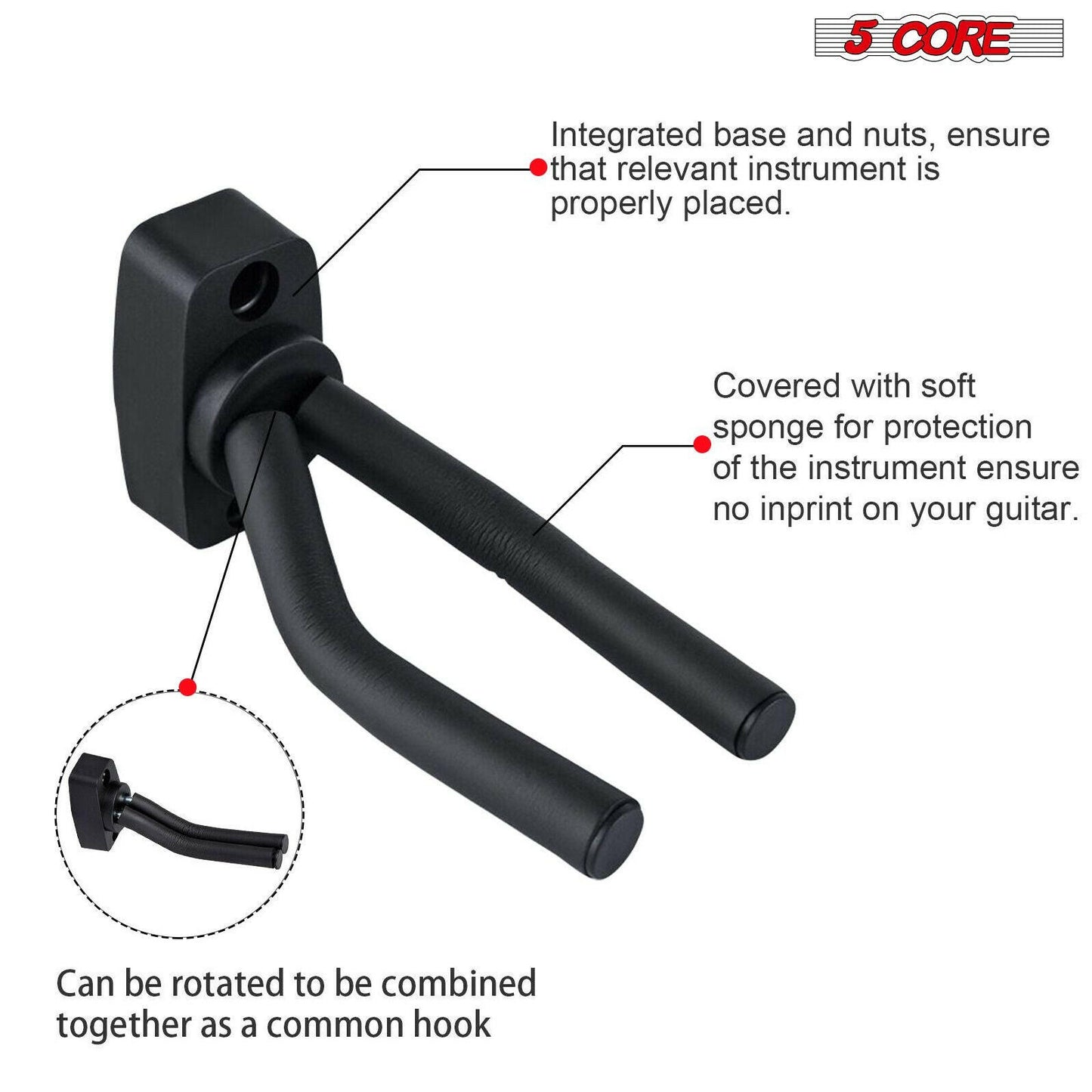 5 Core Guitar Wall Mount – Black Adjustable Hanger for Acoustic & Electric - GoTypical