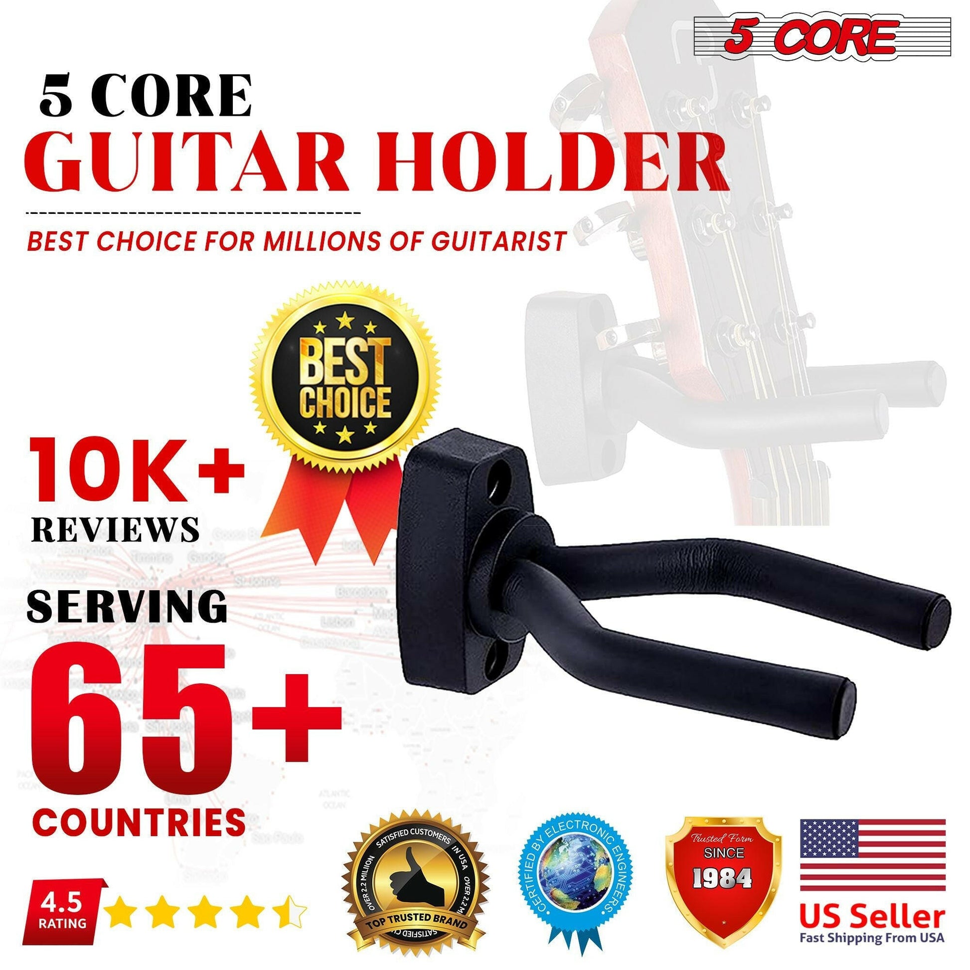 5 Core Guitar Wall Mount – Black Adjustable Hanger for Acoustic & Electric - GoTypical