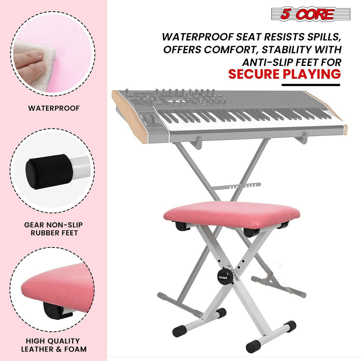 Keyboard Bench – 5 Core Adjustable Height Padded Pink Musician Stool - GoTypical